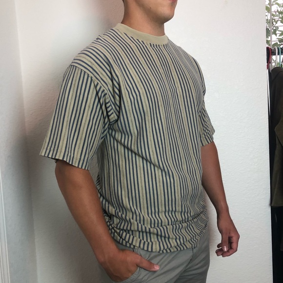 Vtg Tan with Blue Stripes Tee - Picture 2 of 9
